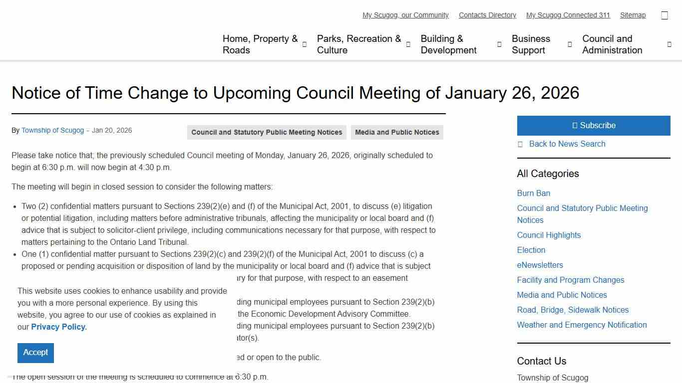 Notice of Time Change to Upcoming Council Meeting of January 26, 2026 | Township of Scugog